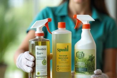 Biodegradable cleaning products displayed by a technician