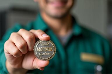 Technician showing certification badge