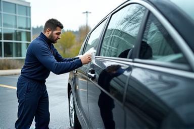 Technician cleaning car at an office parking lot