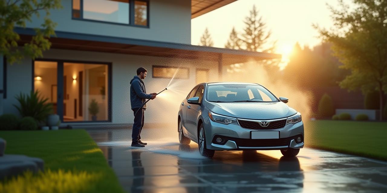 Technician washing a car outside a modern home